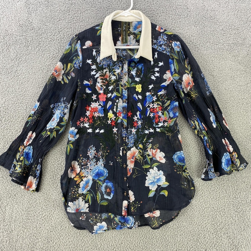 Aratta Silent Journey Shirt Womens Small Floral Embroidered Button Front Boho